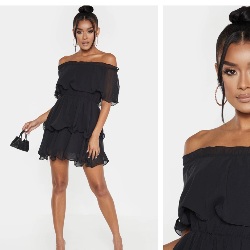 Pretty Little Thing Bardot Ruffle Tired Dress